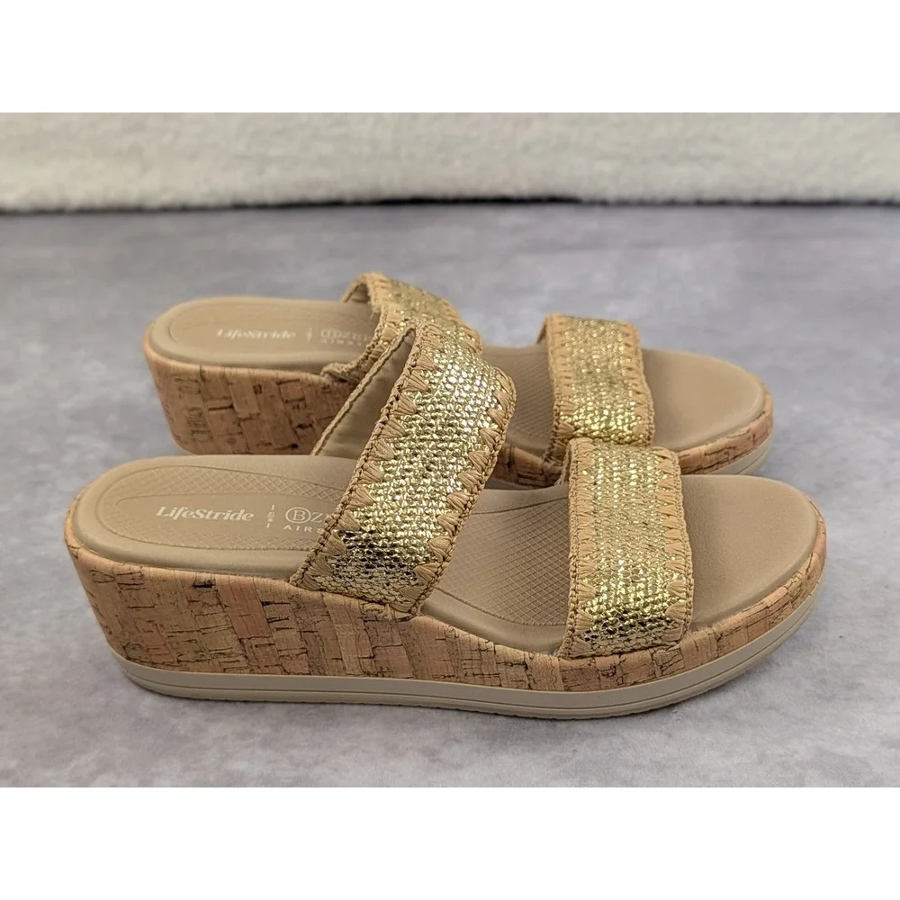 LifeStride BZees Air Step Resort Gold Metallic Cork Wedge Sandals Womens 9M